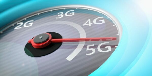 5G High speed network connection. Reaching 5g, speedometer closeup view. 3d illustration